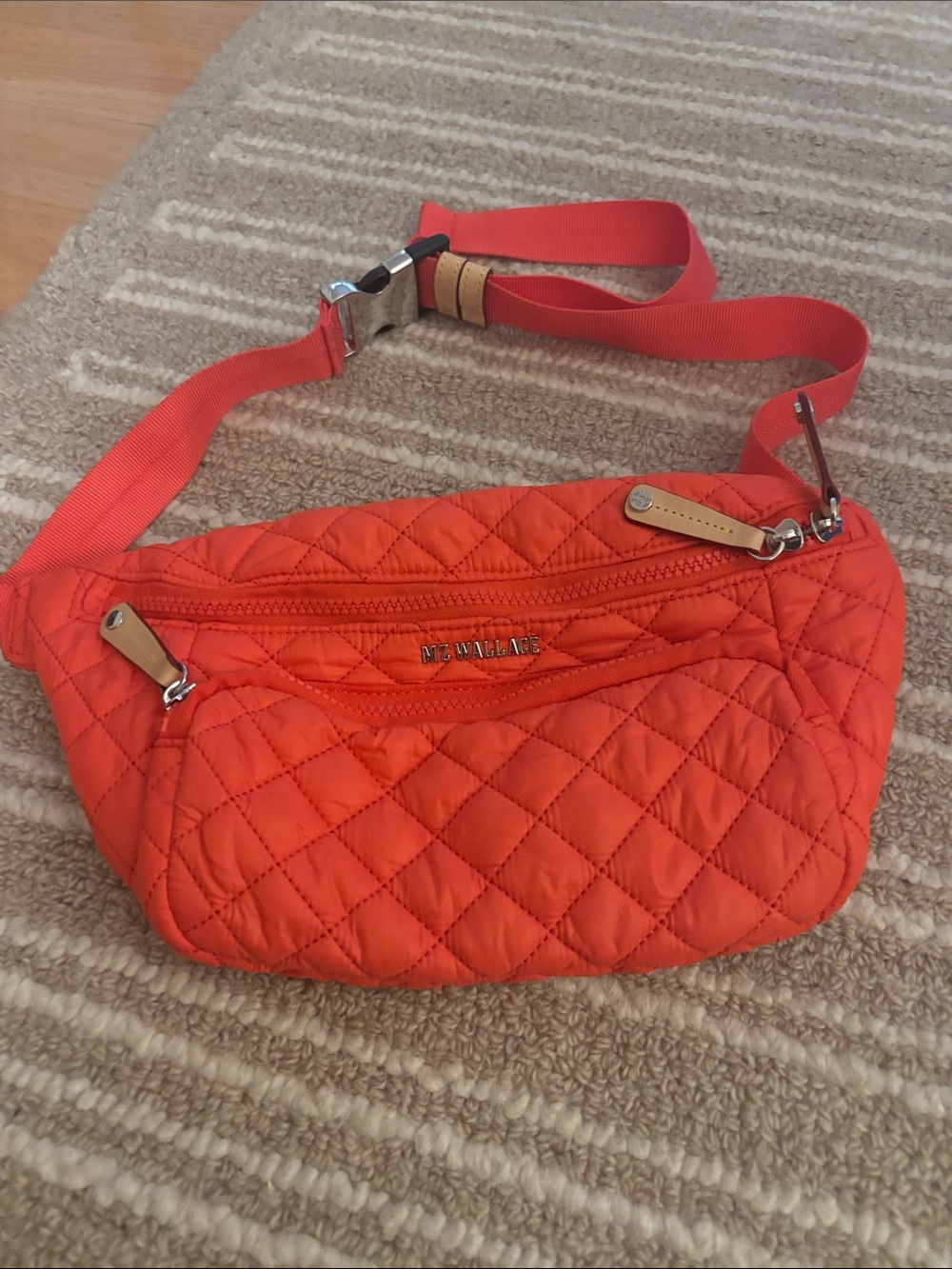 MZ Wallace Quilted Crossbody Belt Bag in Orange with Tan Trim